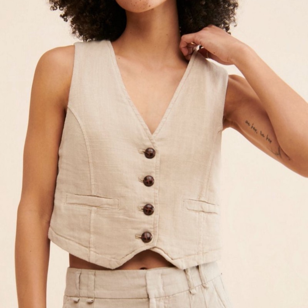 Free People Linen Khaki Vest Adjustable Size Medium